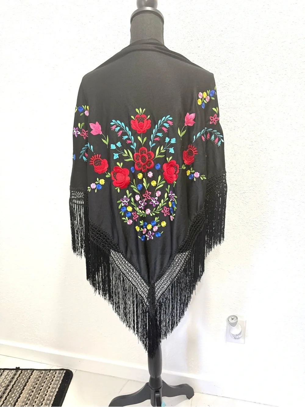 Black Embroidered Floral Fringe Shawl OS
